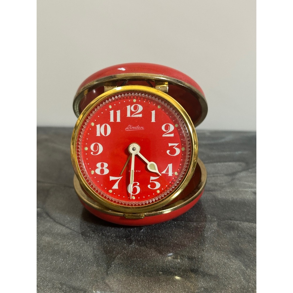 Vintage Wind-up Linden Travel Alarm Clock Red Clamshell Case WORKS!